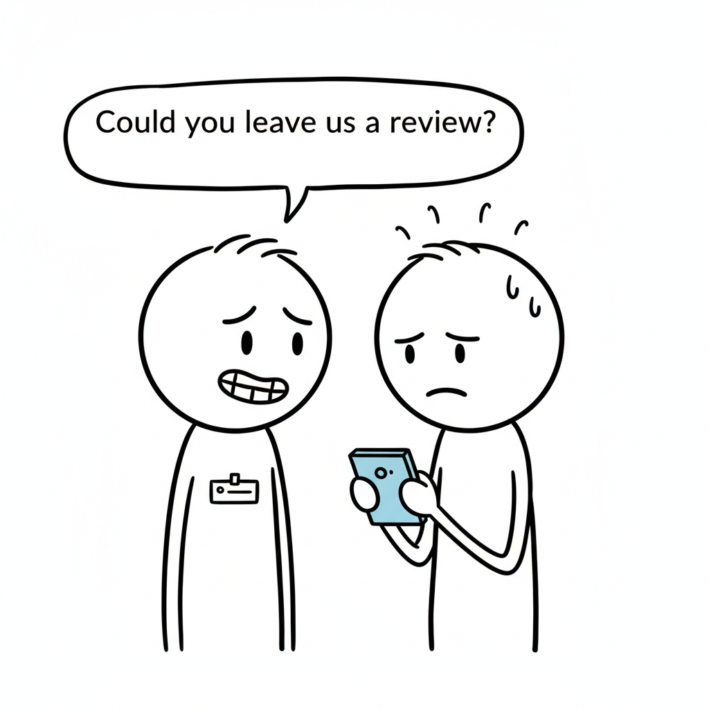 Stick figure illustration: A business owner nervously asks 'Could you leave us a review?' while the customer holds their phone, looking uncomfortable and feeling watched