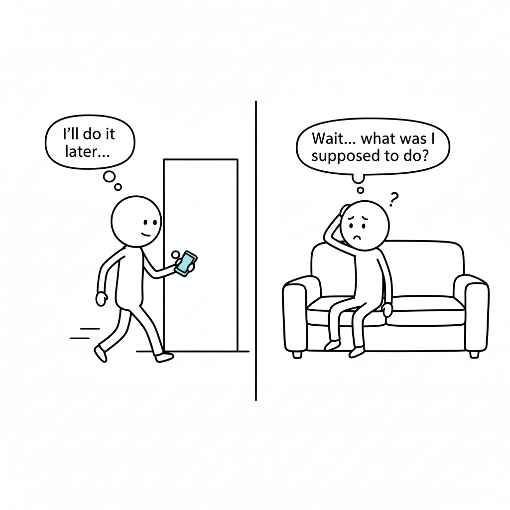 Two-panel stick figure comic: Panel 1 shows customer walking out thinking 'I'll do it later...' Panel 2 shows them on the couch later thinking 'Wait... what was I supposed to do?'