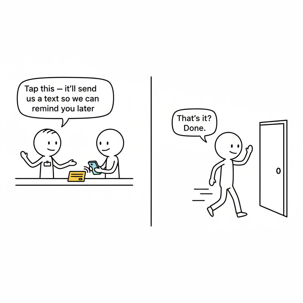 Two-panel stick figure comic: Panel 1 shows provider saying 'Tap this — it'll send us a text so we can remind you later' while customer taps card. Panel 2 shows customer walking out saying 'That's it? Done.'